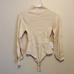 Cream Ribbed Turtleneck One-Piece Bodysuit for Women